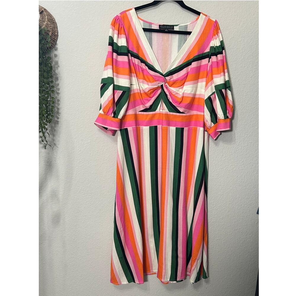 Eloquii Stripe Fit & Flare Linen Blend Dress Pink Green Cut Out Puff Sleeve 20 - Picture 2 of 11